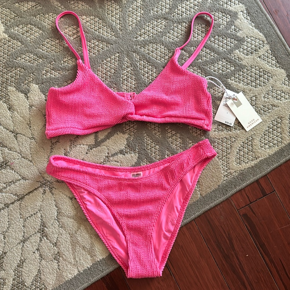 Good American Pink Textured Ribbed Bikini Set